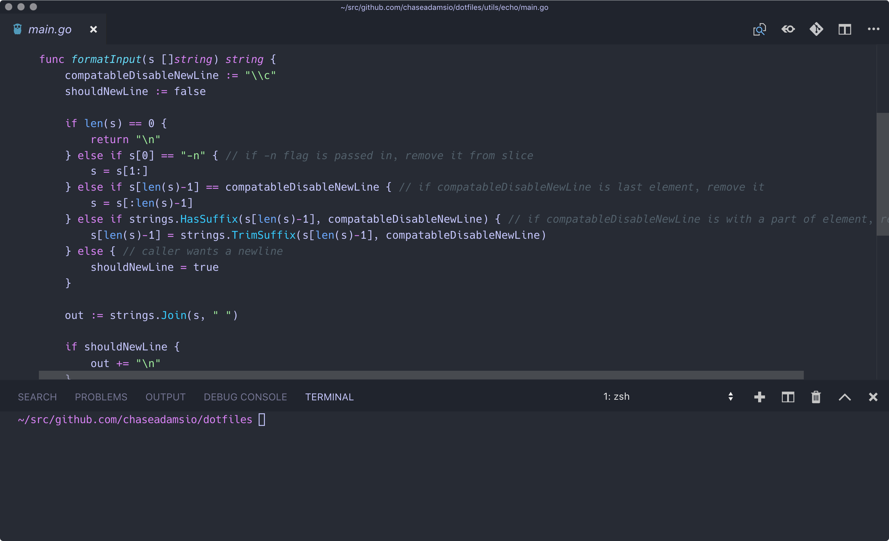 VS Code preview after adding settings (with terminal open) for better screencasts and demos